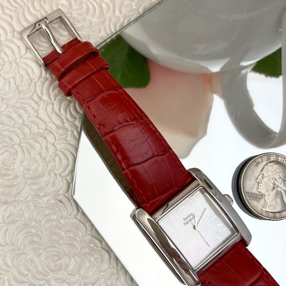 Sterling Signatures 925 Silver Tank Style Watch Mother of Pearl Dial Red Leather - Picture 13 of 16